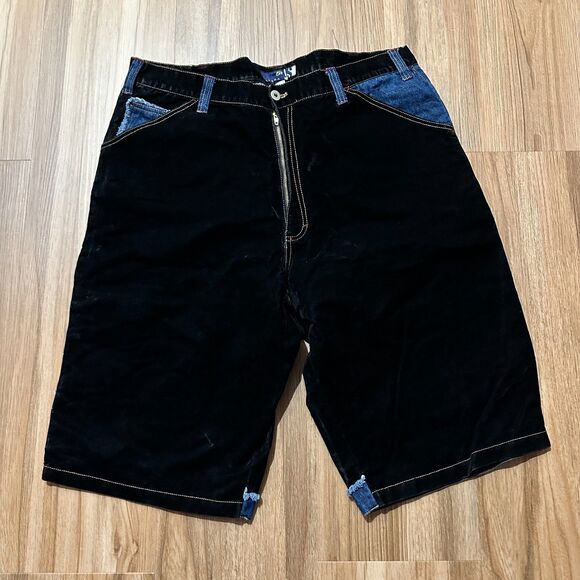 Y2K/2000s Black Blue Velvet Baggy Velvet Jean Denim Shorts Carpenter Skater - Picture 1 of 8